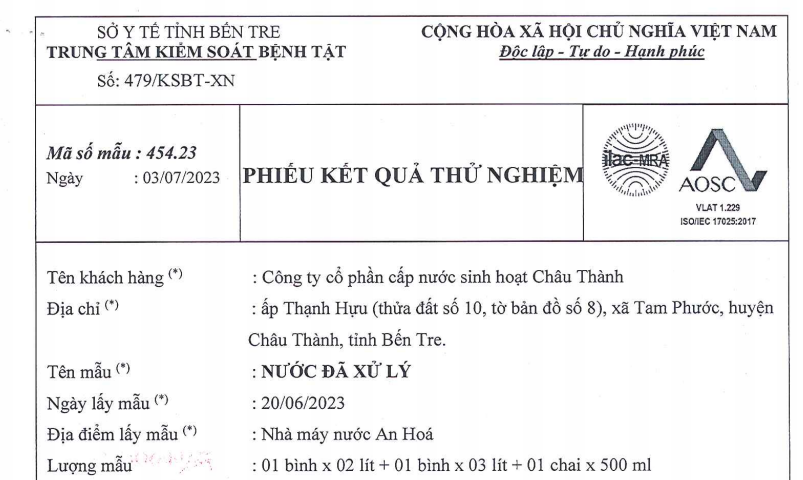 Kết quả kiểm nghiệm nước (6 tháng đầu năm 2023)